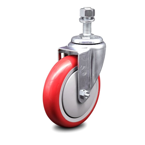 5 Inch Red Polyurethane Wheel Swivel 1/2 Inch Threaded Stem Caster SCC